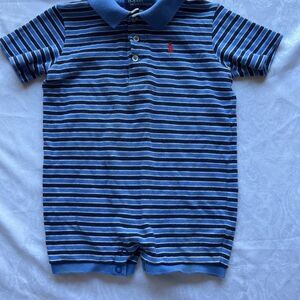 Ralph Lauren Blue Striped Polo one piece boy 12 mo. Snaps at bottom